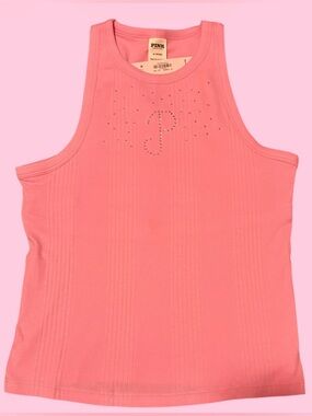 PINK Victoria's Secret Ribbed Tank Top with Rhinestone 'P' — Pink